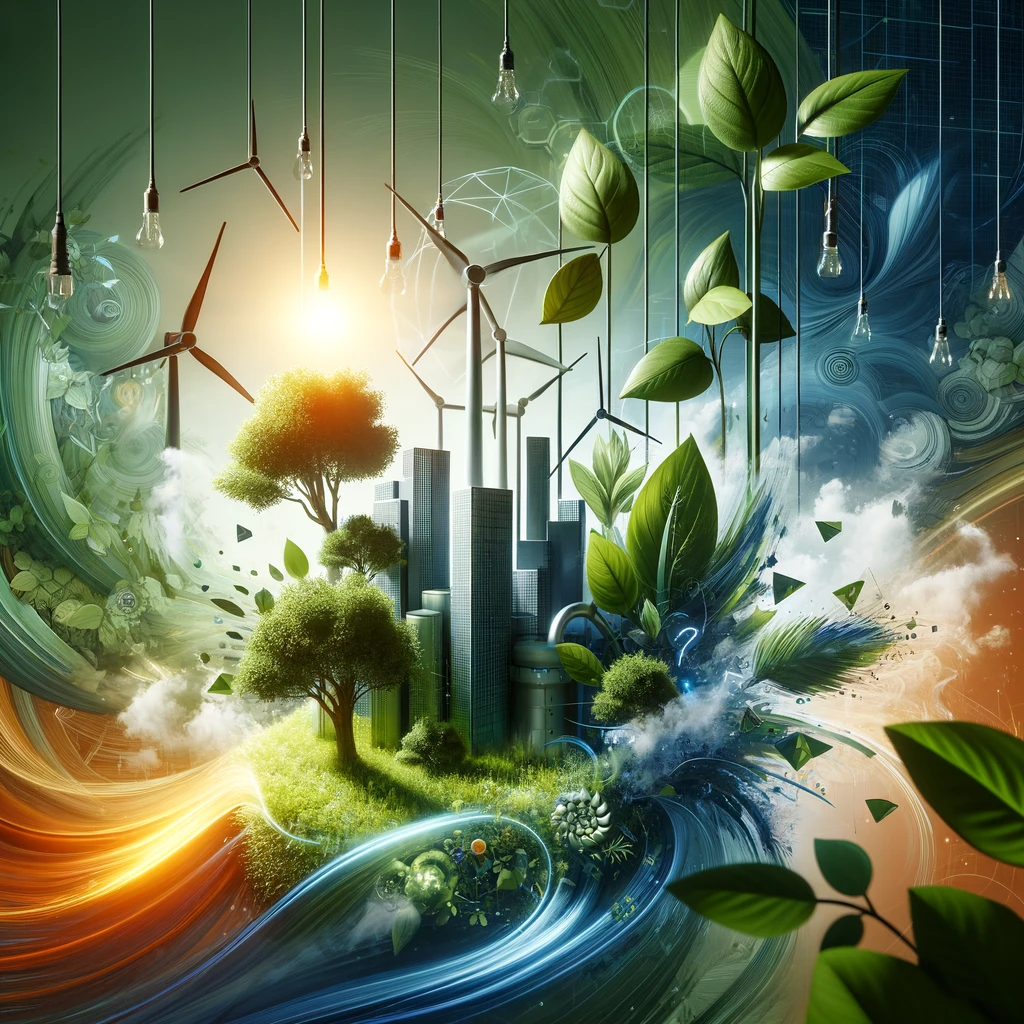 sustainability in business, featuring elements that symbolize eco-friendliness and innovation